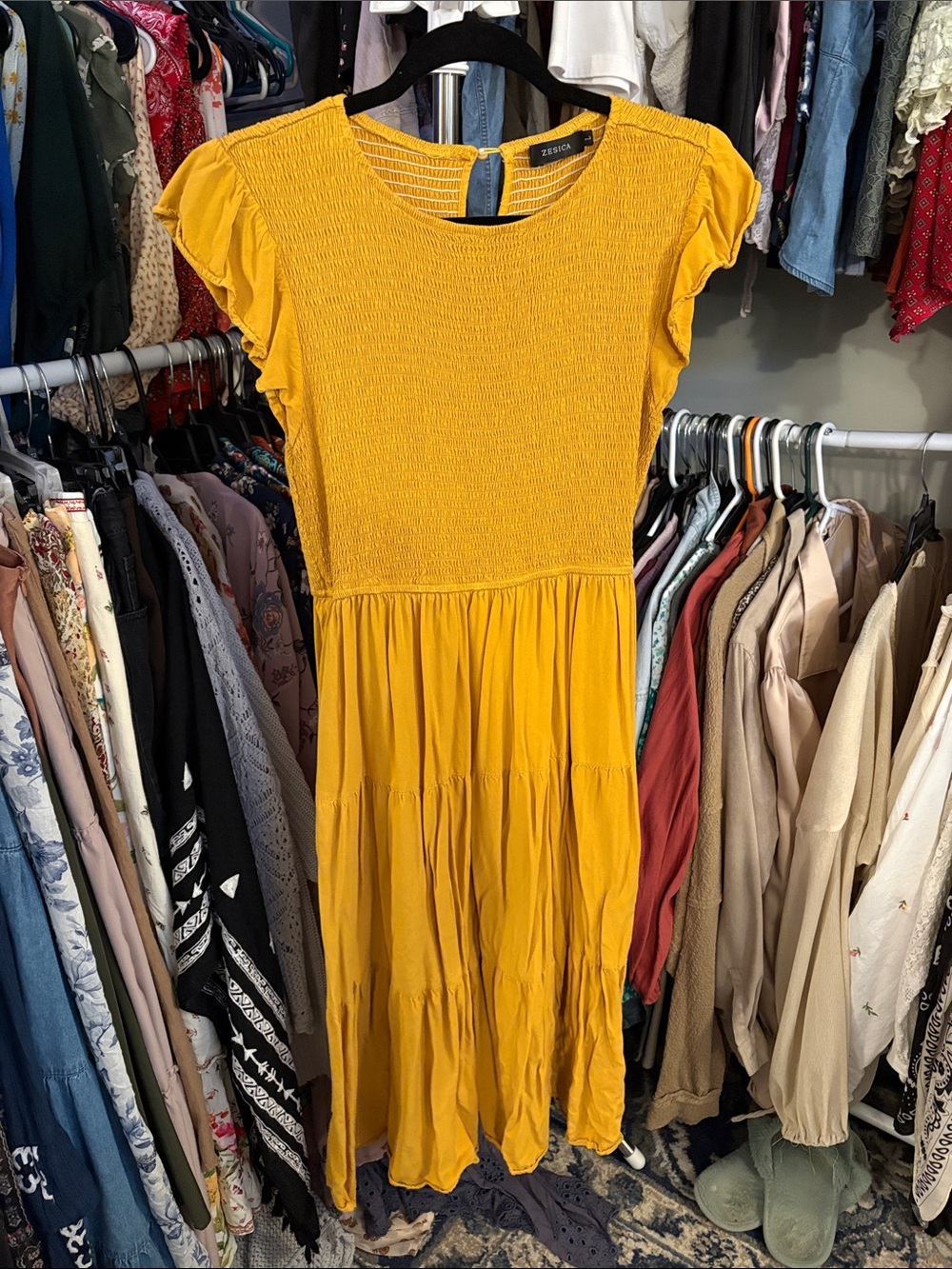 Zesica Mustard Smocked Flutter-Sleeve Tiered Midi Dress